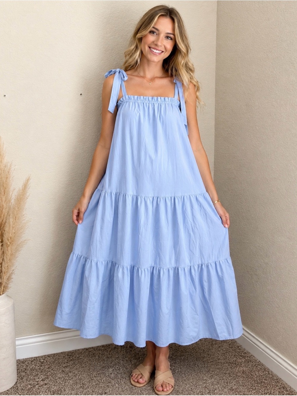 Aura Blue Tie Strap Maxi Dress Small Tiered Cottagecore Boho Coastal Sundress